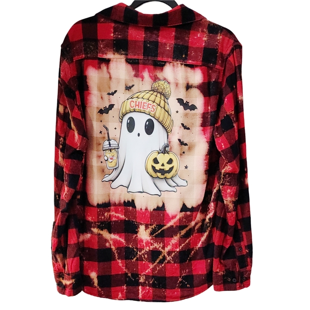 2FOR$30 - KC Chiefs Custom Ghost Upcycled Buffalo Plaid Flannel Shirt
